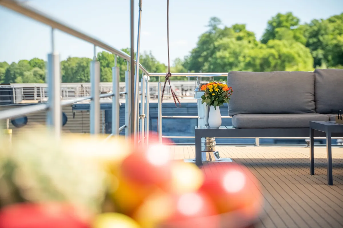 Deck of RedWine, a Woma D13 motorboat at Fürstenberg/Havel, Germany