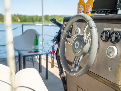 Cockpit of RedWine, a Woma D13 motorboat at Fürstenberg/Havel, Germany