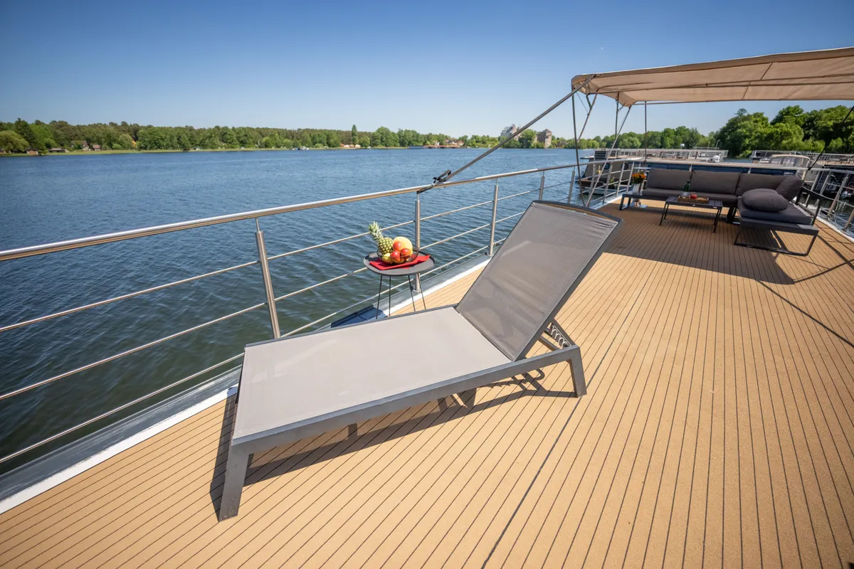 Deck of RedWine, a Woma D13 motorboat at Fürstenberg/Havel, Germany