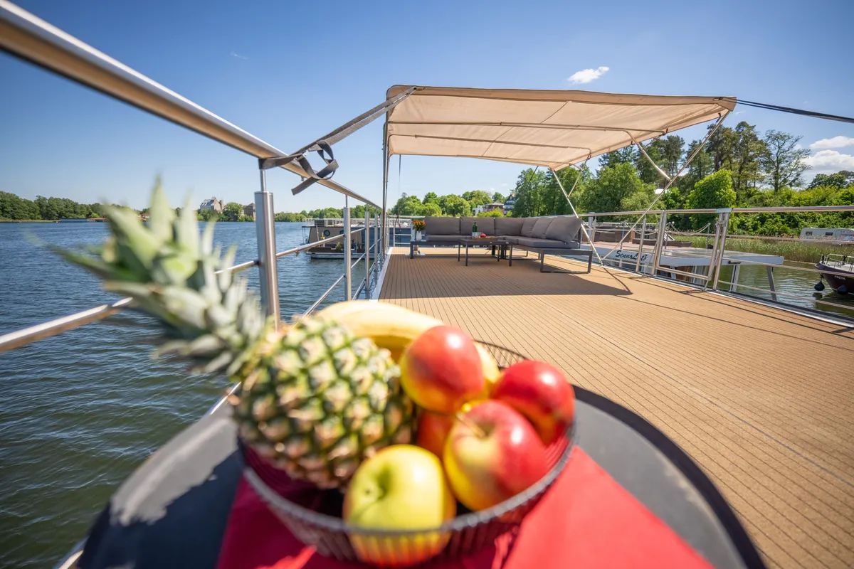 Deck of RedWine, a Woma D13 motorboat at Fürstenberg/Havel, Germany