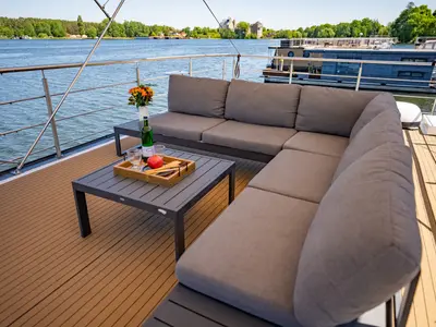 Deck of RedWine, a Woma D13 motorboat at Fürstenberg/Havel, Germany