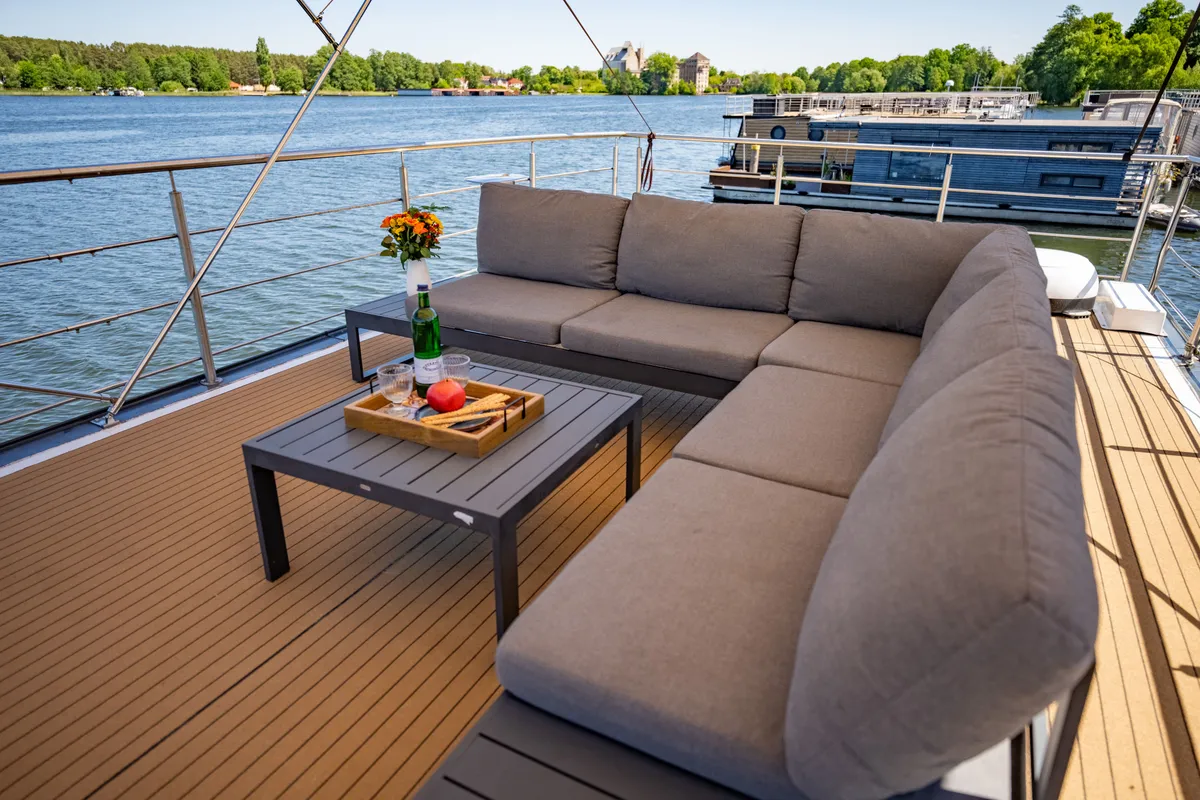 Deck of RedWine, a Woma D13 motorboat at Fürstenberg/Havel, Germany