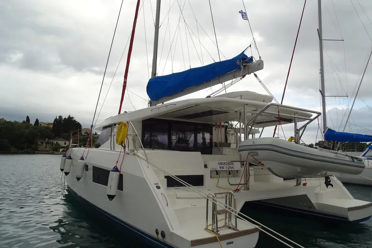 Exterior view of Obsession, a Leopard 45 catamaran at Kontokali, Greece