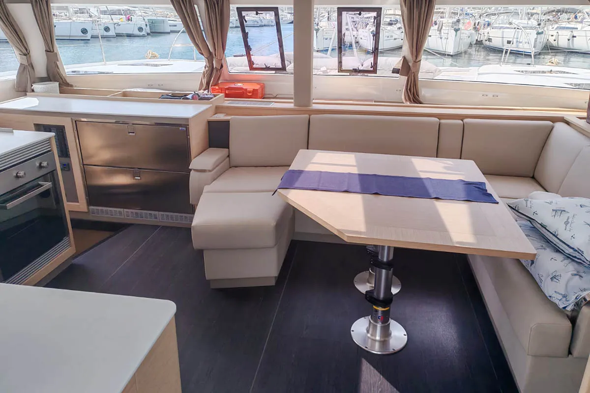Salon of Mateta II, a Fountaine Pajot Tanna 47 catamaran at Seget Donji, Croatia