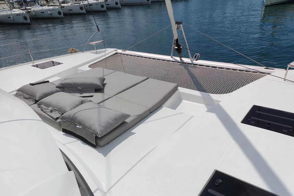 Deck of Mateta II, a Fountaine Pajot Tanna 47 catamaran at Seget Donji, Croatia