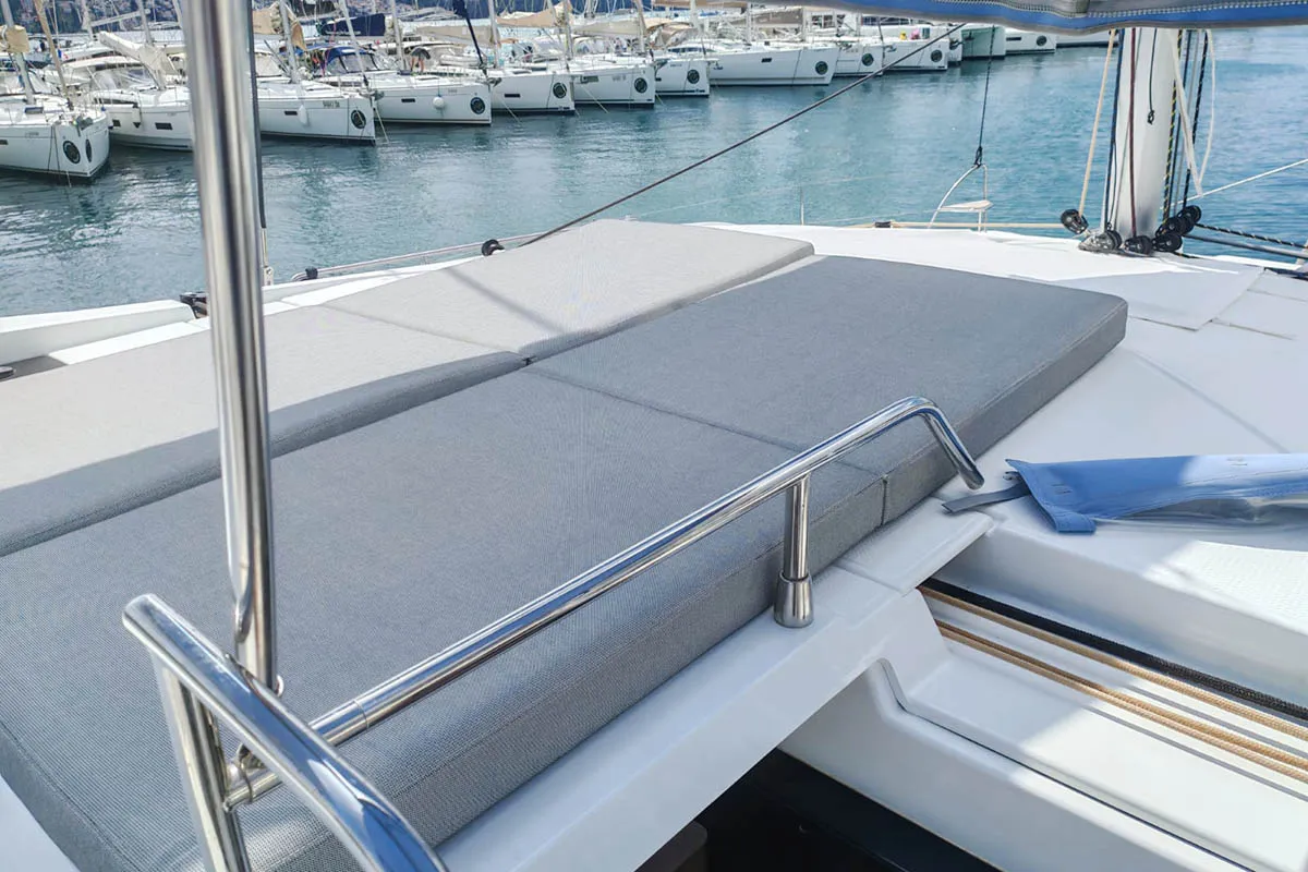 Deck of Mateta II, a Fountaine Pajot Tanna 47 catamaran at Seget Donji, Croatia