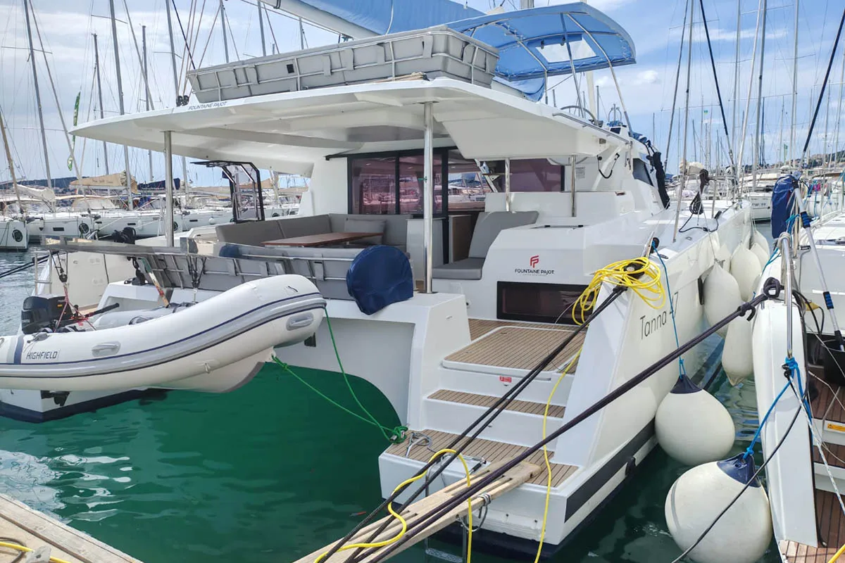 Exterior view of Mateta II, a Fountaine Pajot Tanna 47 catamaran at Seget Donji, Croatia