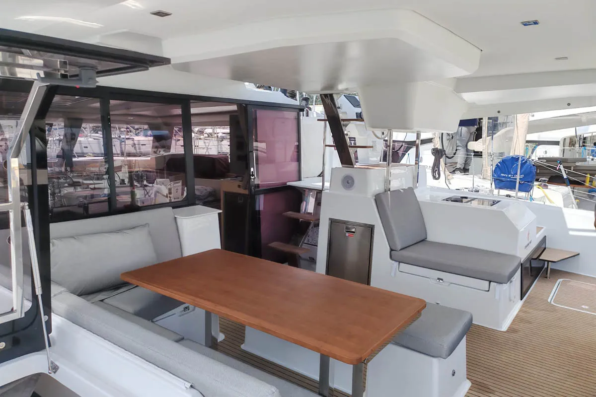 Deck of Mateta II, a Fountaine Pajot Tanna 47 catamaran at Seget Donji, Croatia