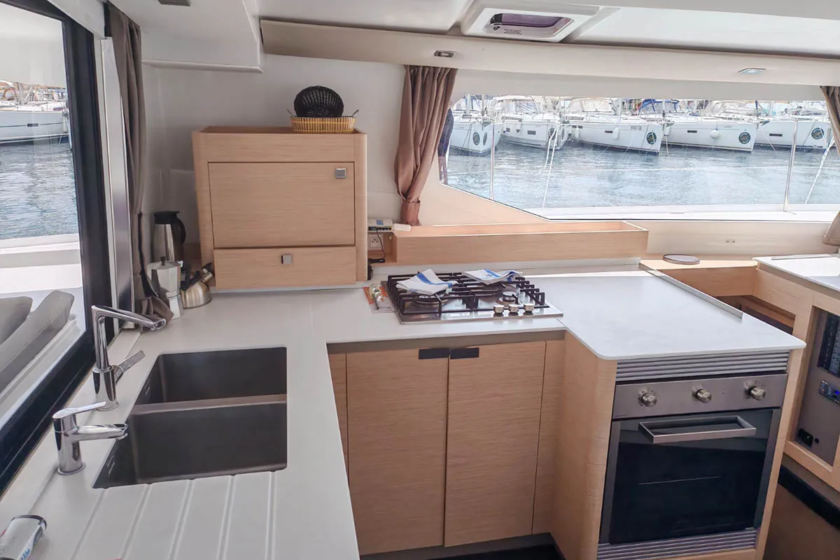 Galley of Mateta II, a Fountaine Pajot Tanna 47 catamaran at Seget Donji, Croatia