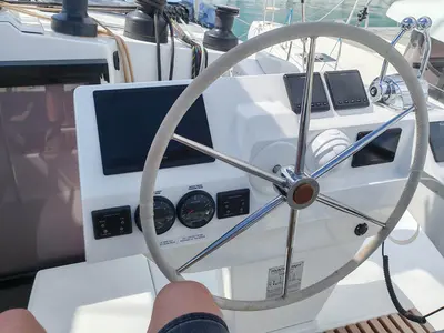 Cockpit of Mateta II, a Fountaine Pajot Tanna 47 catamaran at Seget Donji, Croatia