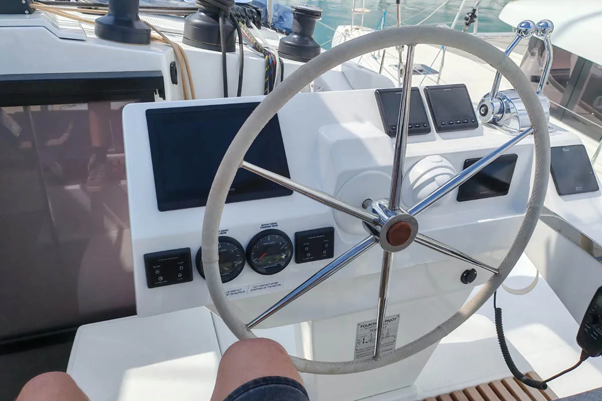 Cockpit of Mateta II, a Fountaine Pajot Tanna 47 catamaran at Seget Donji, Croatia