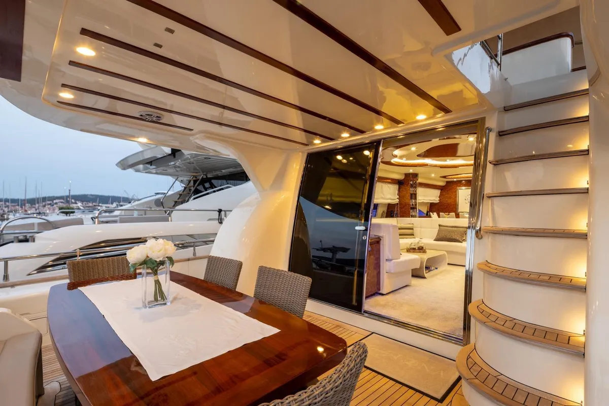 Deck of Lady Lona, a Amer 86 motor yacht at Seget Donji, Croatia