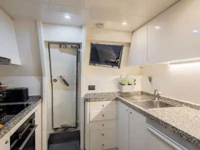 Galley of Lady Lona, a Amer 86 motor yacht at Seget Donji, Croatia