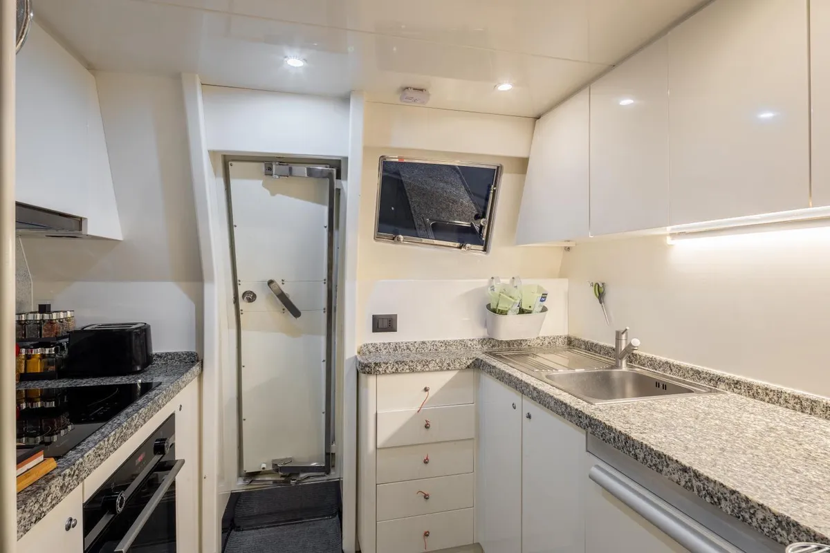 Galley of Lady Lona, a Amer 86 motor yacht at Seget Donji, Croatia