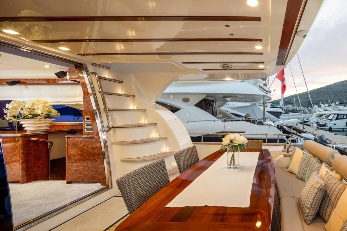 Deck of Lady Lona, a Amer 86 motor yacht at Seget Donji, Croatia