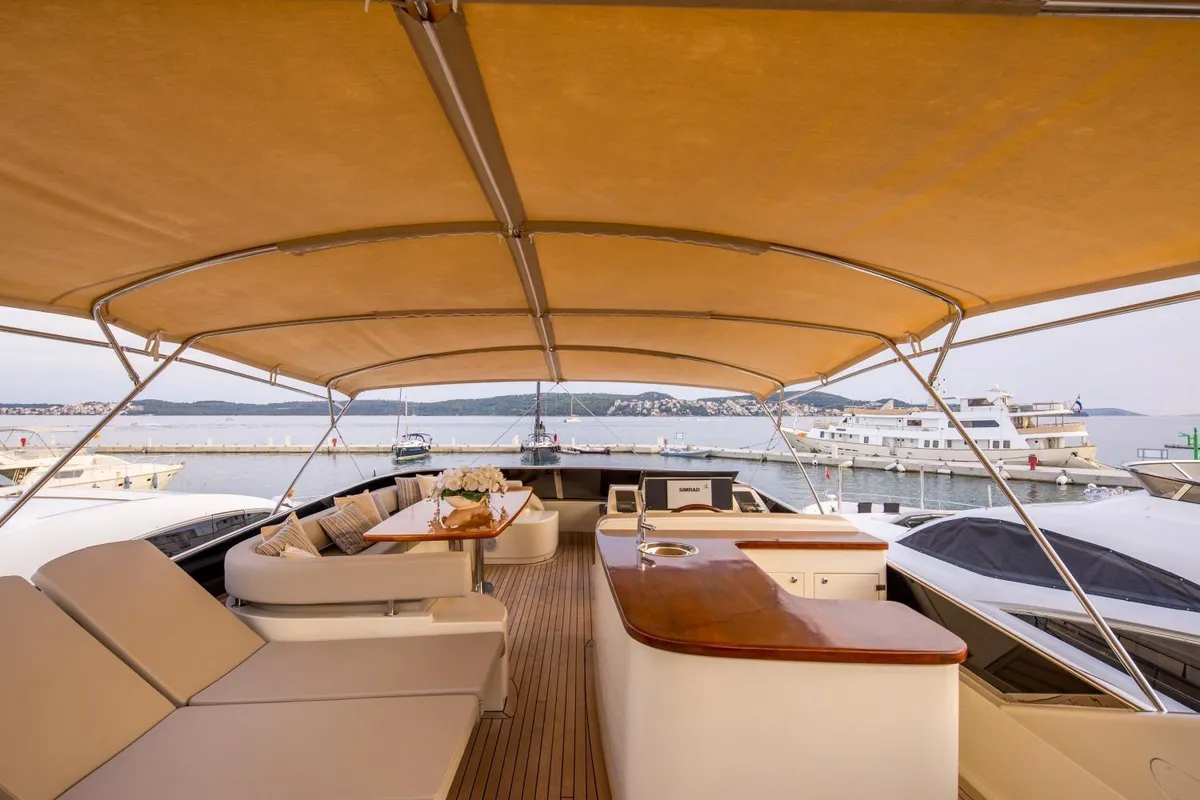 Deck of Lady Lona, a Amer 86 motor yacht at Seget Donji, Croatia
