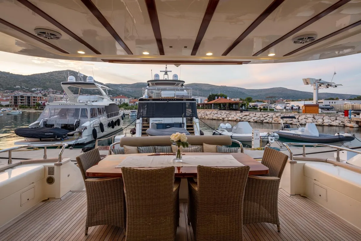 Deck of Lady Lona, a Amer 86 motor yacht at Seget Donji, Croatia