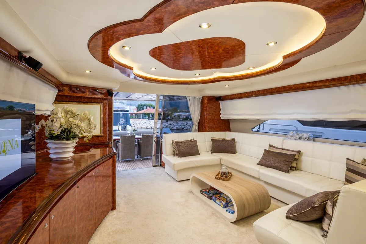 Salon of Lady Lona, a Amer 86 motor yacht at Seget Donji, Croatia