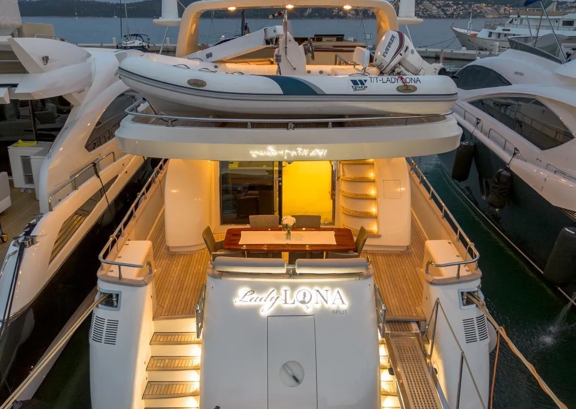 Exterior view of Lady Lona, a Amer 86 motor yacht at Seget Donji, Croatia