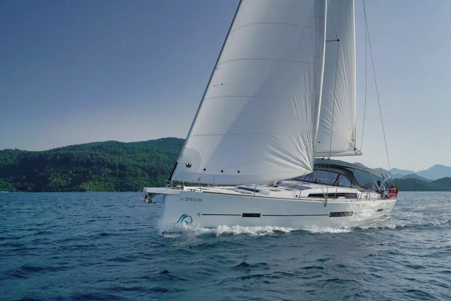 Exterior view of La Esperanza, a Dufour 520 Grand Large sailboat at Marmaris, Turkey
