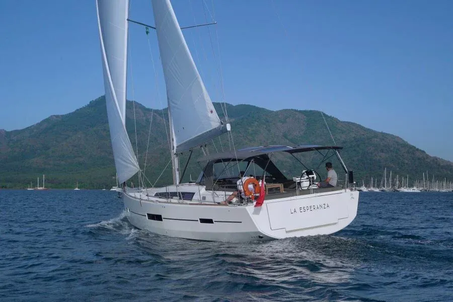 Exterior view of La Esperanza, a Dufour 520 Grand Large sailboat at Marmaris, Turkey