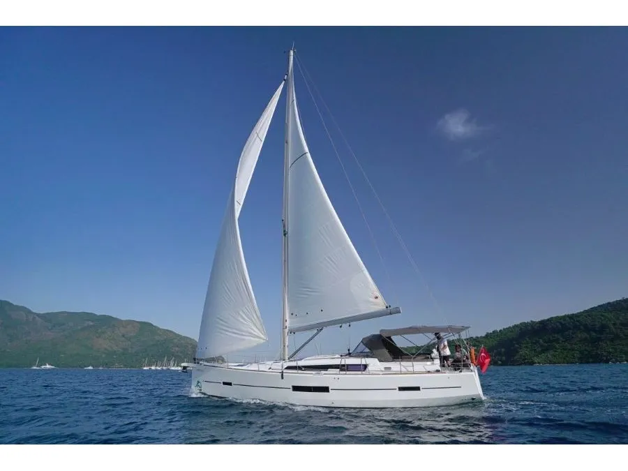 Exterior view of La Esperanza, a Dufour 520 Grand Large sailboat at Marmaris, Turkey