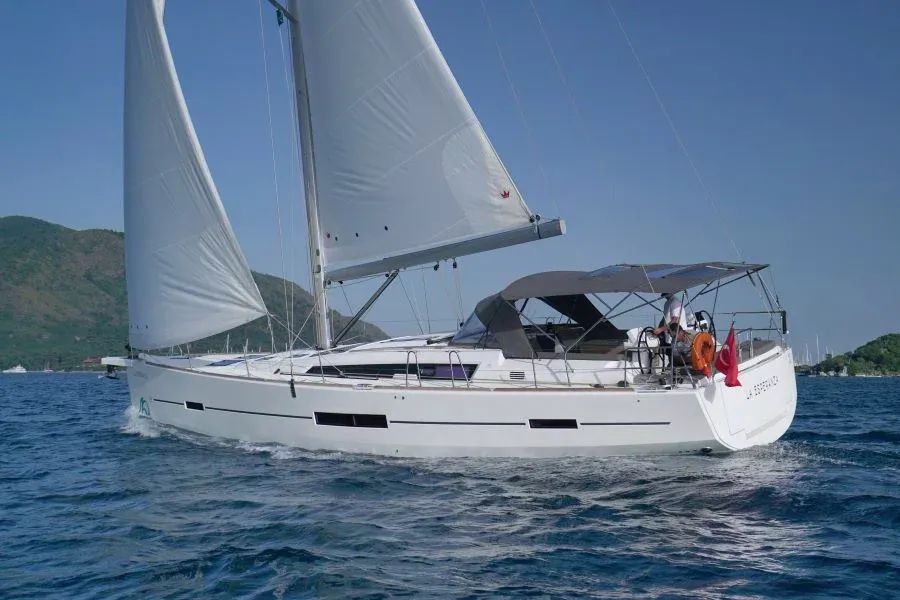 Exterior view of La Esperanza, a Dufour 520 Grand Large sailboat at Marmaris, Turkey