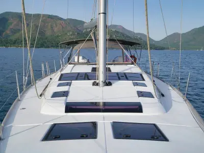 Deck of La Esperanza, a Dufour 520 Grand Large sailboat at Marmaris, Turkey