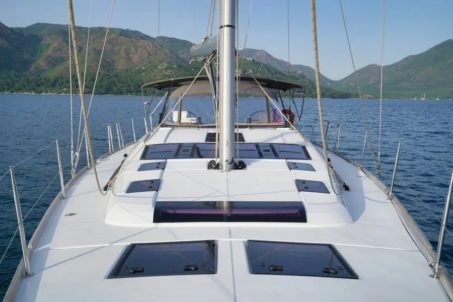 Deck of La Esperanza, a Dufour 520 Grand Large sailboat at Marmaris, Turkey