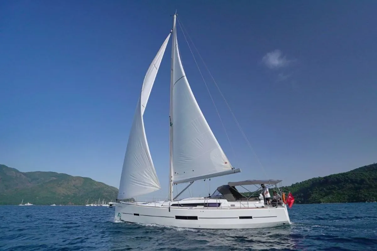Exterior view of La Esperanza, a Dufour 520 Grand Large sailboat at Marmaris, Turkey