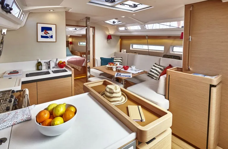 Salon of Ondeck, a Jeanneau Sun Odyssey 440 sailboat at Athens, Greece