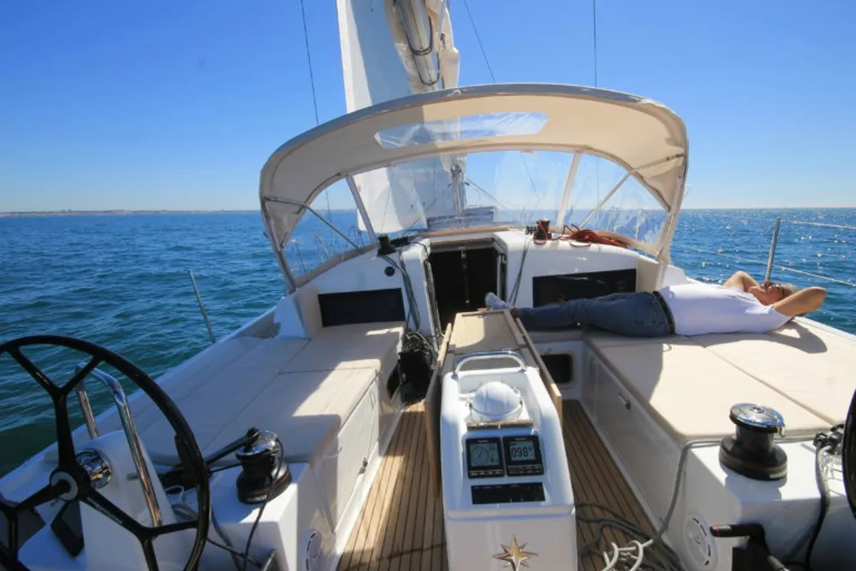 Deck of Ondeck, a Jeanneau Sun Odyssey 440 sailboat at Athens, Greece
