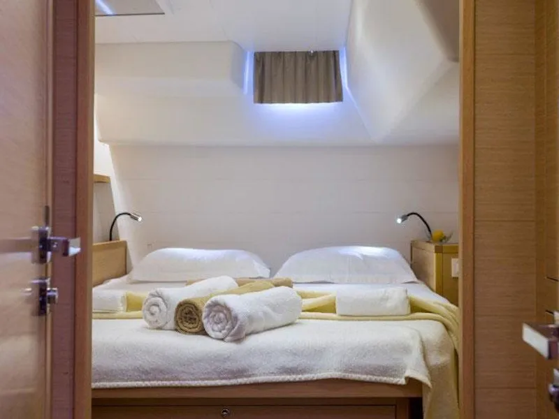 Cabin on Bonita, a Lagoon 450 Fly catamaran at Thira, Greece