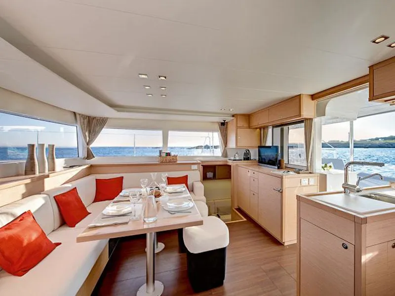 Salon of Bonita, a Lagoon 450 Fly catamaran at Thira, Greece