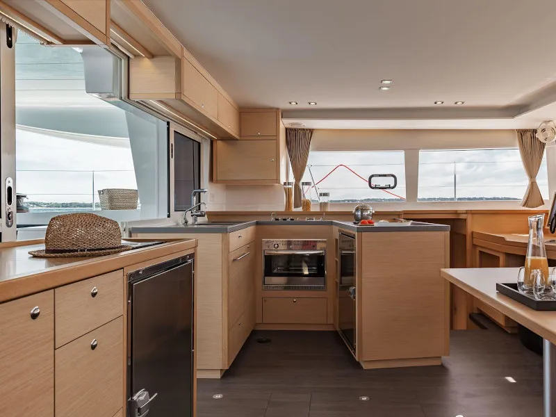 Galley of Bonita, a Lagoon 450 Fly catamaran at Thira, Greece