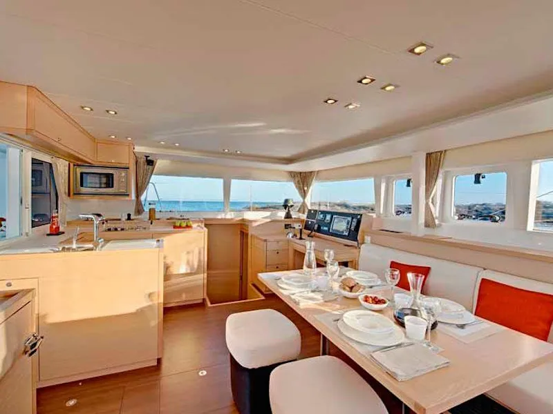 Salon of Bonita, a Lagoon 450 Fly catamaran at Thira, Greece