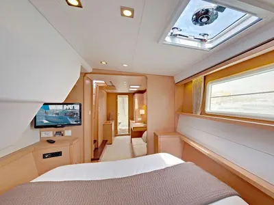 Cabin on Bonita, a Lagoon 450 Fly catamaran at Thira, Greece