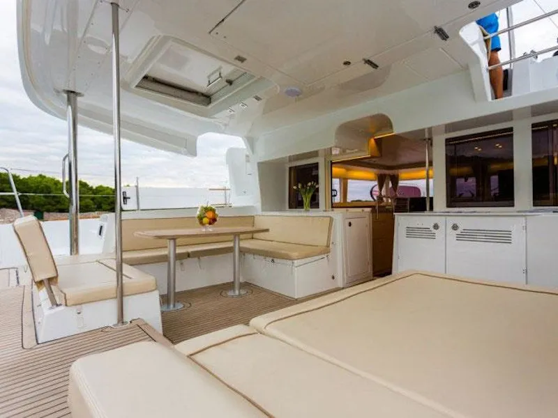 Deck of Bonita, a Lagoon 450 Fly catamaran at Thira, Greece
