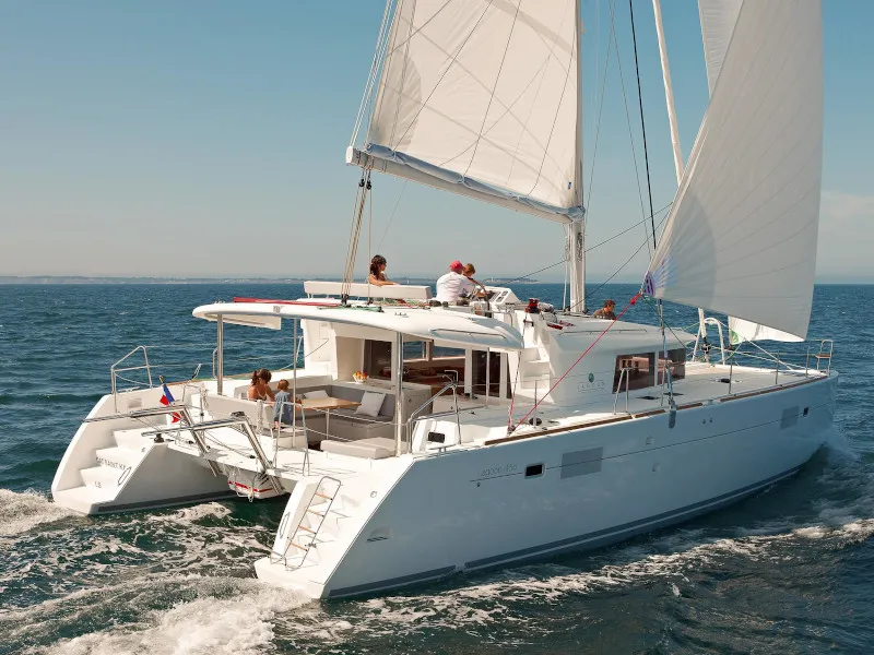 Exterior view of Bonita, a Lagoon 450 Fly catamaran at Thira, Greece