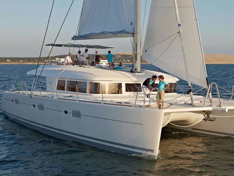 Exterior view of Bonita, a Lagoon 450 Fly catamaran at Thira, Greece