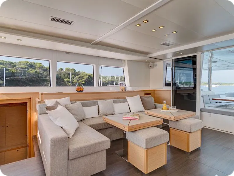 Salon of Bonita, a Lagoon 450 Fly catamaran at Thira, Greece