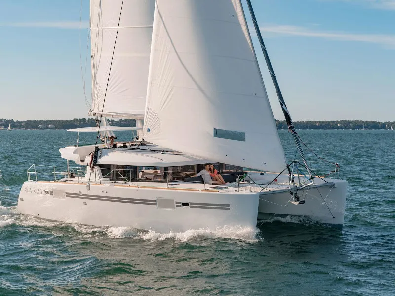 Exterior view of Bonita, a Lagoon 450 Fly catamaran at Thira, Greece
