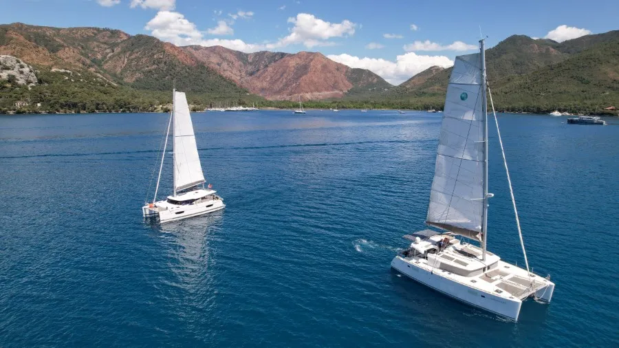 Exterior view of Loryma Sailing, a Lagoon 450 catamaran at Marmaris, Turkey