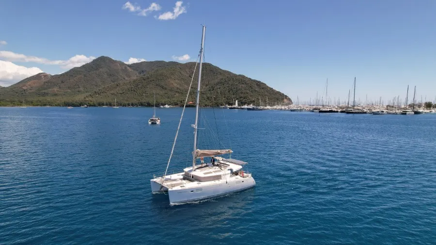 Exterior view of Loryma Sailing, a Lagoon 450 catamaran at Marmaris, Turkey