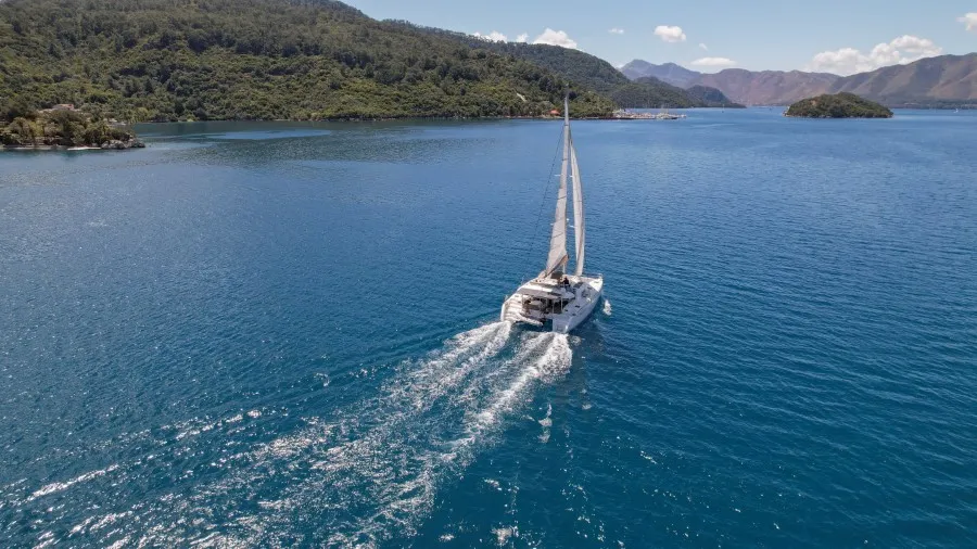 Exterior view of Loryma Sailing, a Lagoon 450 catamaran at Marmaris, Turkey