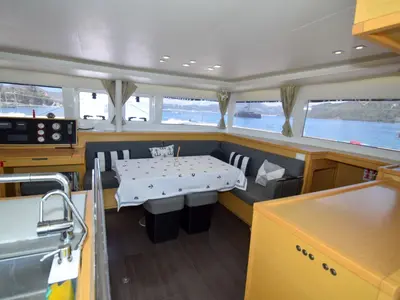 Salon of Loryma Sailing, a Lagoon 450 catamaran at Marmaris, Turkey