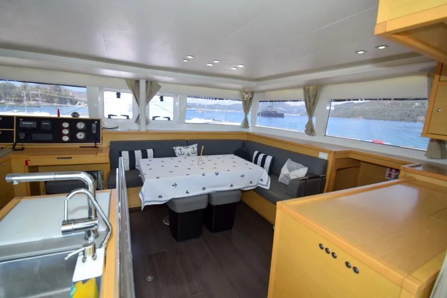 Salon of Loryma Sailing, a Lagoon 450 catamaran at Marmaris, Turkey
