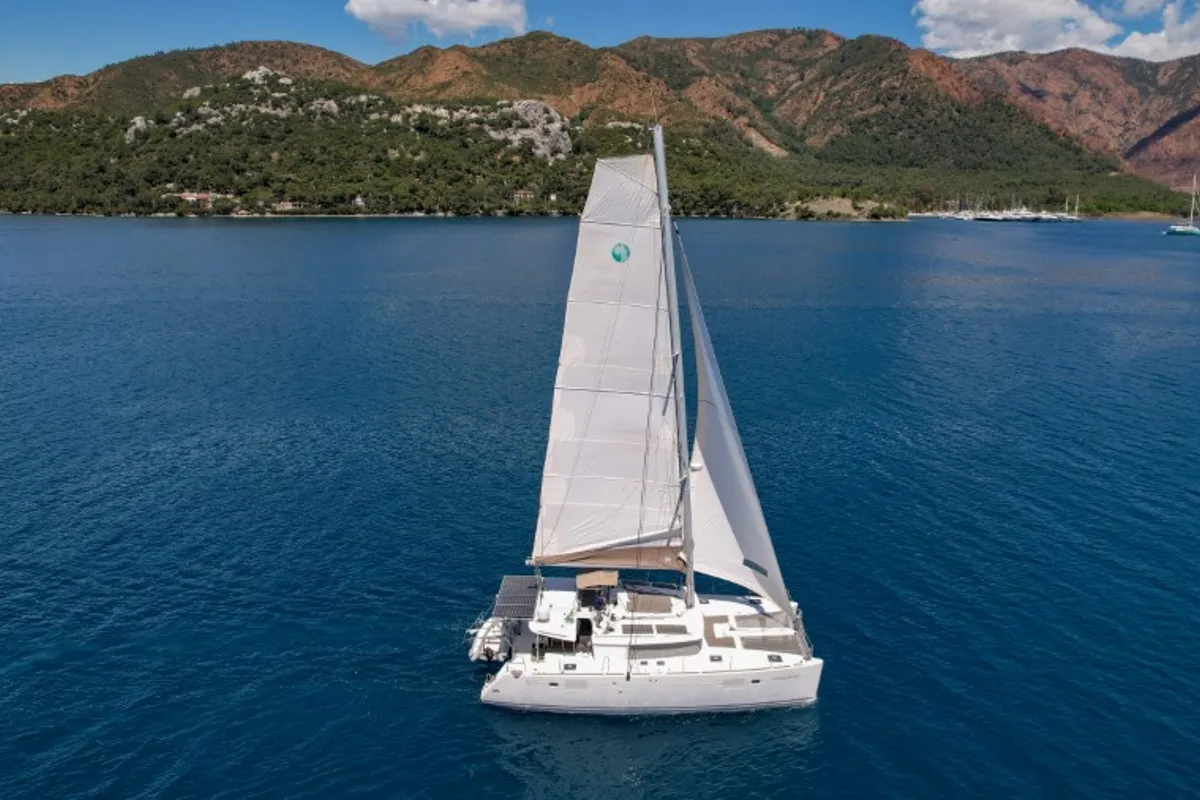 Exterior view of Loryma Sailing, a Lagoon 450 catamaran at Marmaris, Turkey