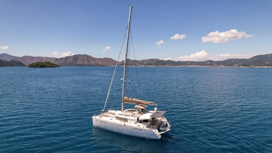 Exterior view of Loryma Sailing, a Lagoon 450 catamaran at Marmaris, Turkey