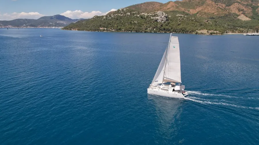 Exterior view of Loryma Sailing, a Lagoon 450 catamaran at Marmaris, Turkey